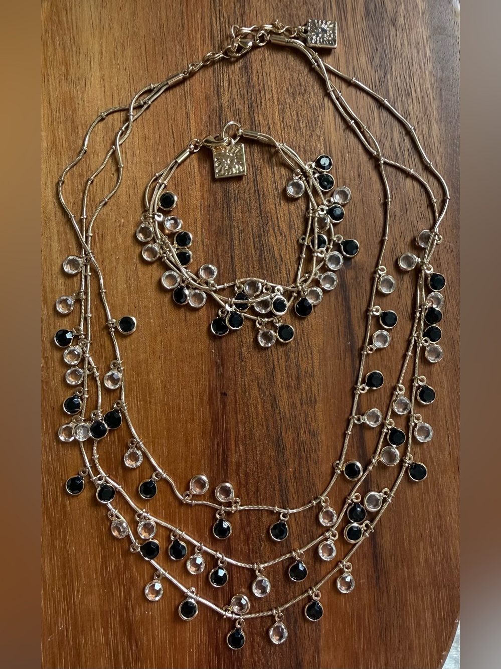 Anne Klein Gold-Tone Layered Necklace and Bracelet Set Black Clear Bezel Stones